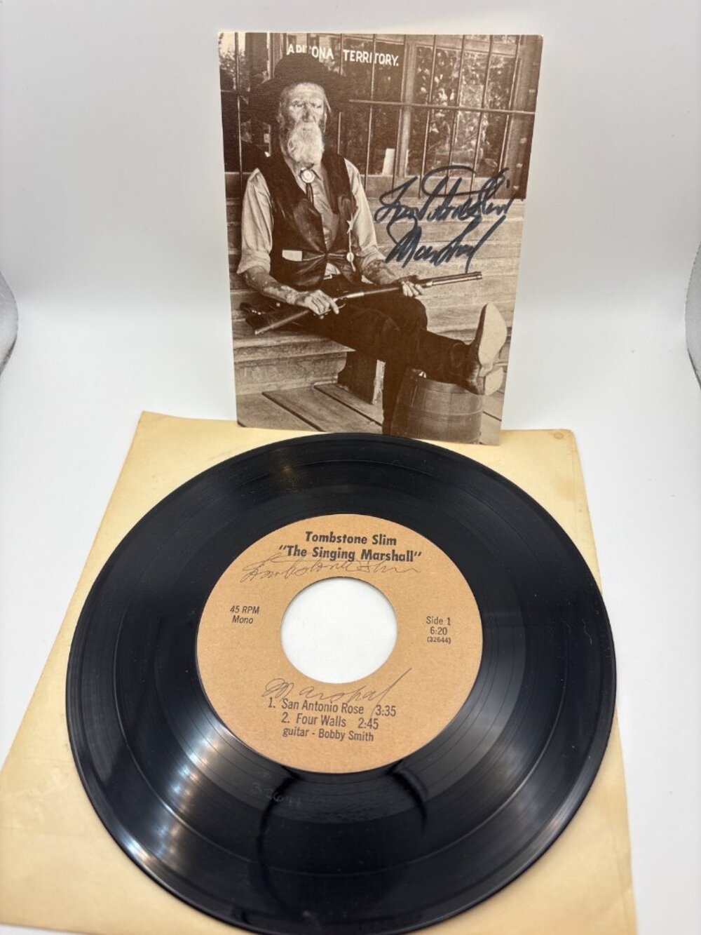 Autographed Tombstone Slim The Singing Marshall 45 RPM Vinyl Record Postcard Lot